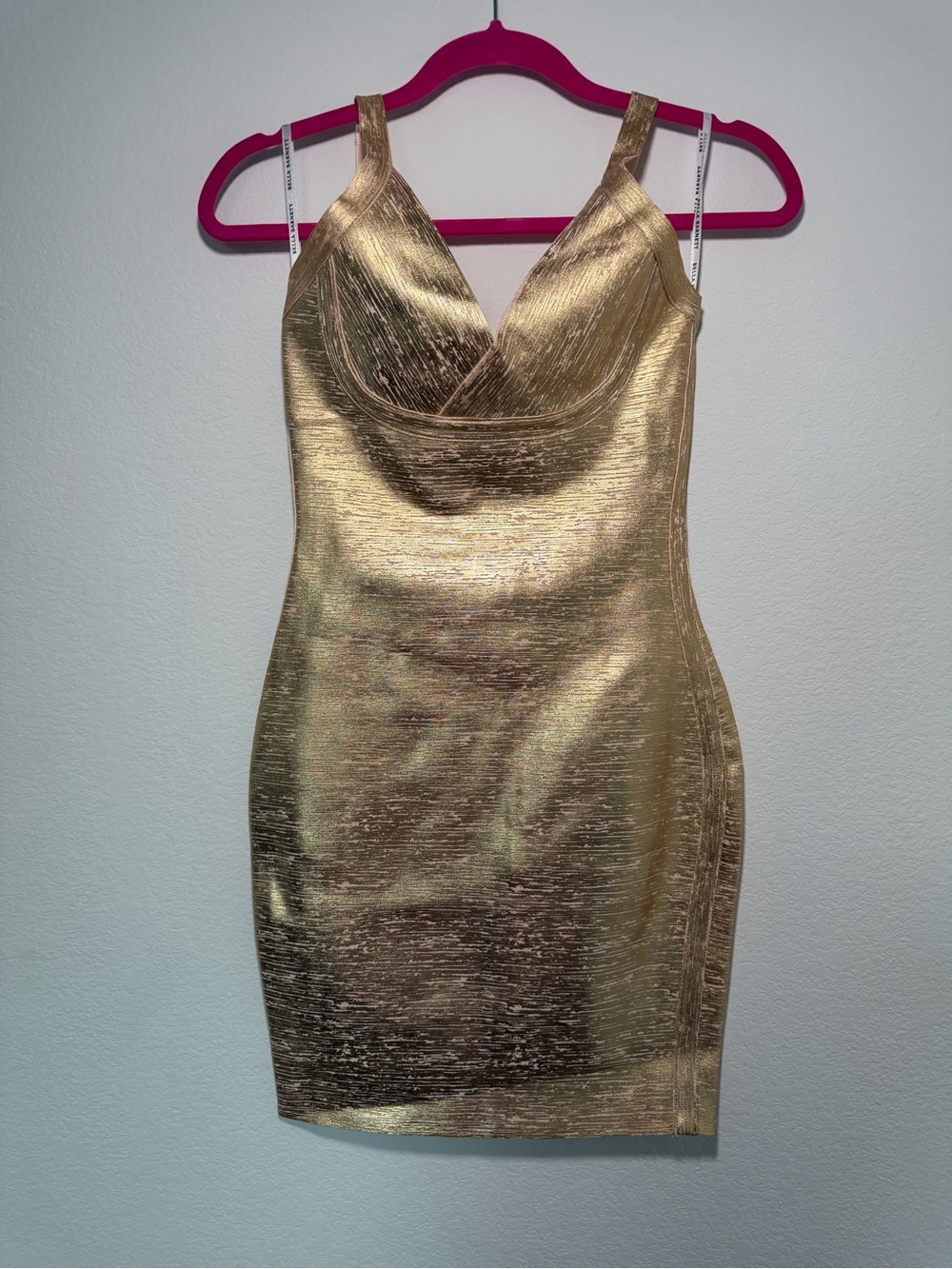 Bella Barnett Metallic Gold Bodycon Mini Dress with Cowl Neck Small